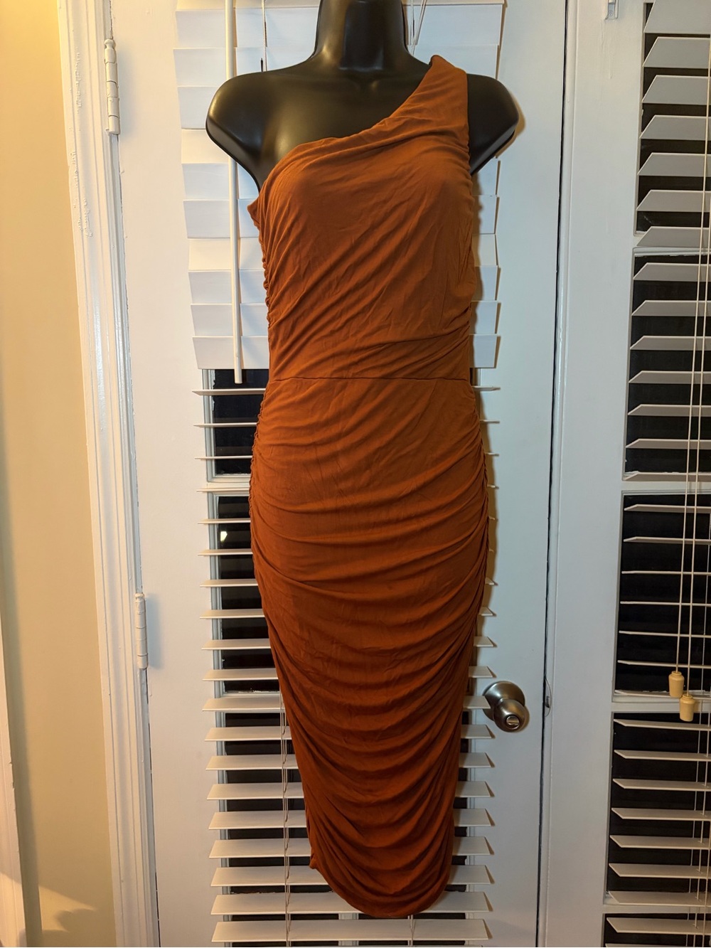 One-Shoulder Ruched Midi Dress in Rust